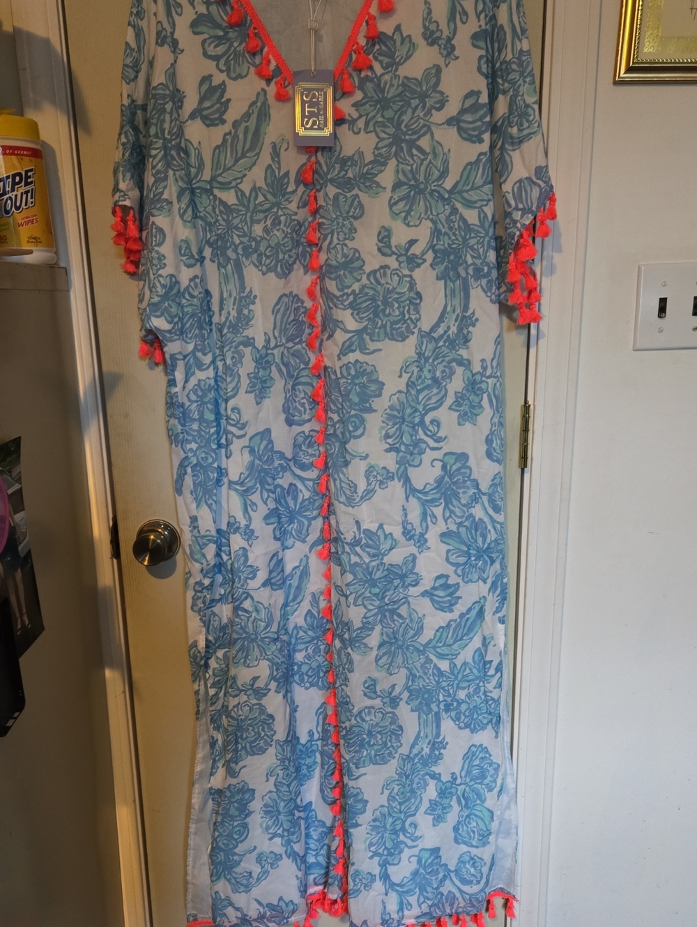 Sail to Sable White Maxi Kaftan with Blue Floral Print and Coral Tassels